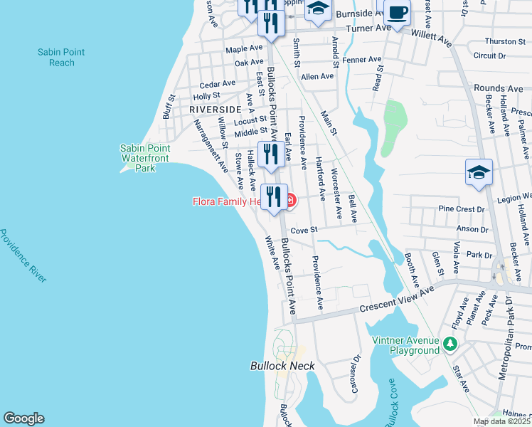 map of restaurants, bars, coffee shops, grocery stores, and more near 501 Bullocks Point Avenue in East Providence
