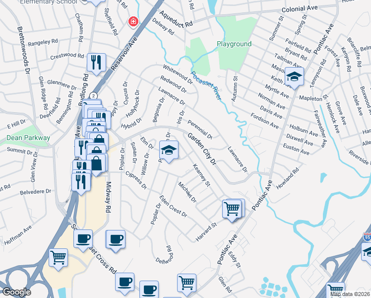 map of restaurants, bars, coffee shops, grocery stores, and more near 265 Capuano Avenue in Cranston
