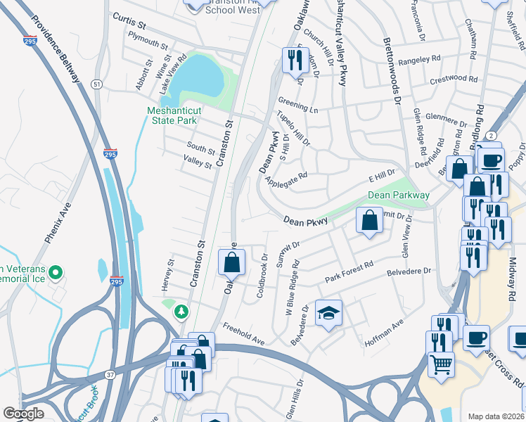 map of restaurants, bars, coffee shops, grocery stores, and more near 3 Dean Ridge Drive in Cranston
