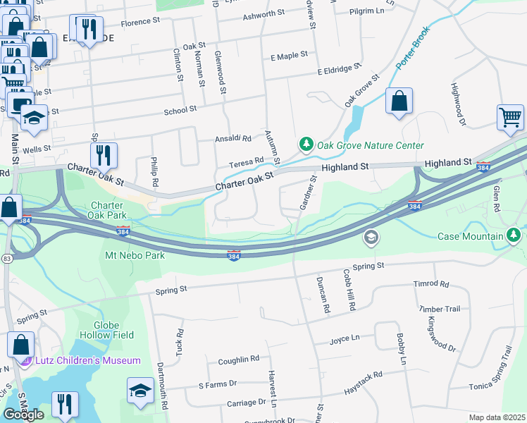 map of restaurants, bars, coffee shops, grocery stores, and more near 113 Sycamore Lane in Manchester