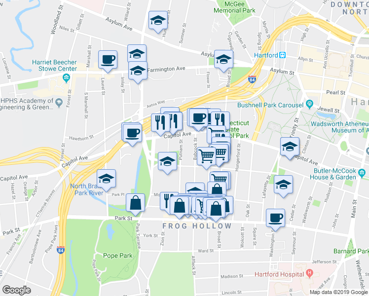map of restaurants, bars, coffee shops, grocery stores, and more near 250 Putnam Street in Hartford