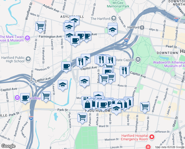 map of restaurants, bars, coffee shops, grocery stores, and more near 250 Putnam Street in Hartford