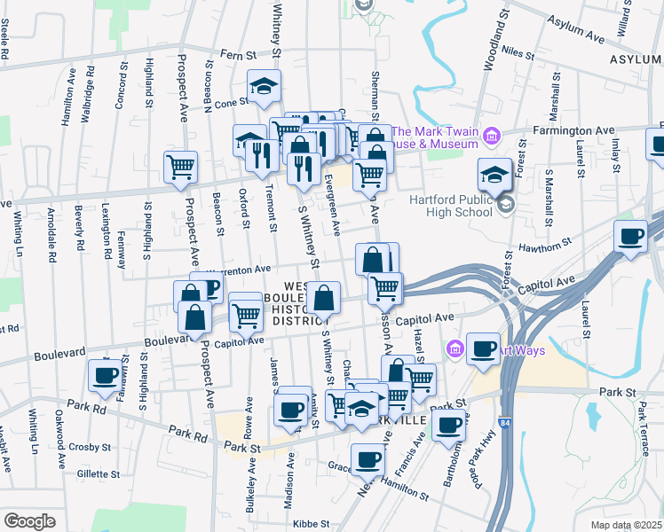 map of restaurants, bars, coffee shops, grocery stores, and more near 47 Warrenton Avenue in Hartford