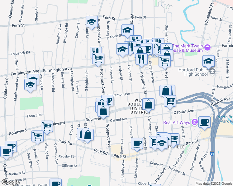 map of restaurants, bars, coffee shops, grocery stores, and more near 158 Beacon Street in Hartford