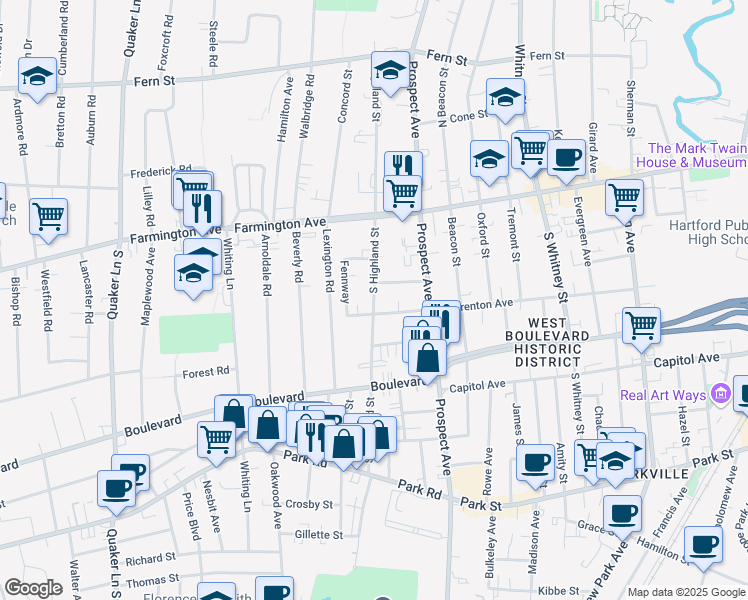 map of restaurants, bars, coffee shops, grocery stores, and more near 69 South Highland Street in West Hartford
