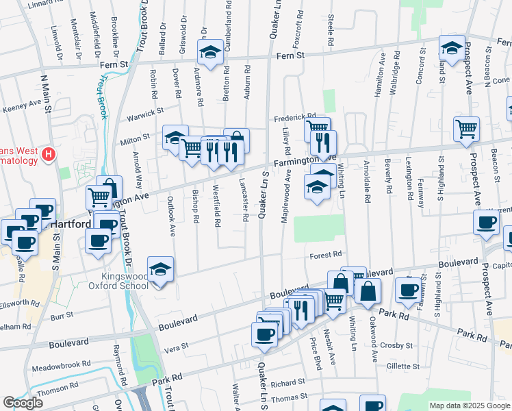 map of restaurants, bars, coffee shops, grocery stores, and more near 48 Quaker Lane South in West Hartford