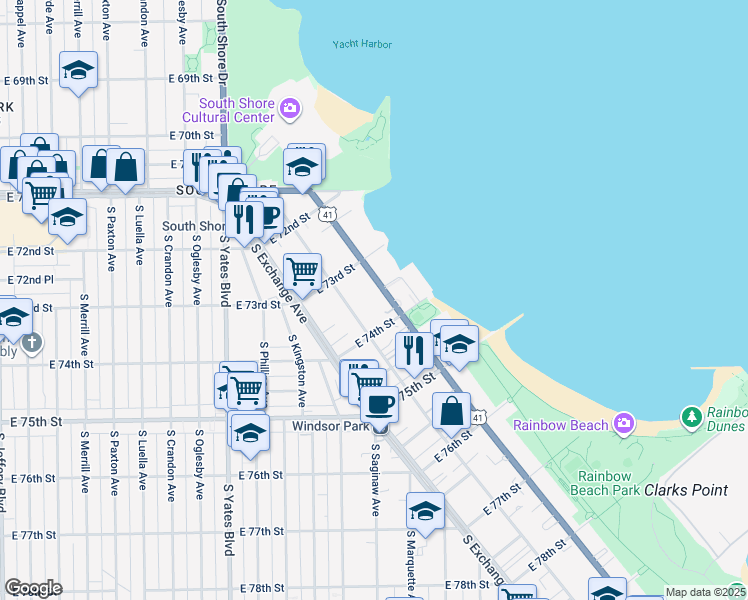 map of restaurants, bars, coffee shops, grocery stores, and more near 7344 South South Shore Drive in Chicago