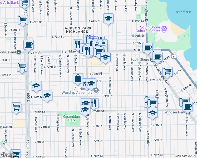 map of restaurants, bars, coffee shops, grocery stores, and more near 2043 East 72nd Place in Chicago