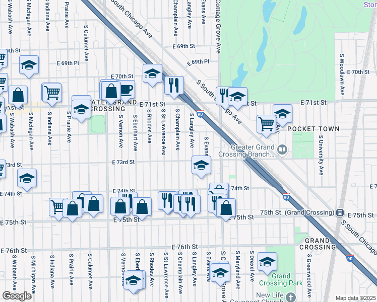 map of restaurants, bars, coffee shops, grocery stores, and more near 7231 South Champlain Avenue in Chicago