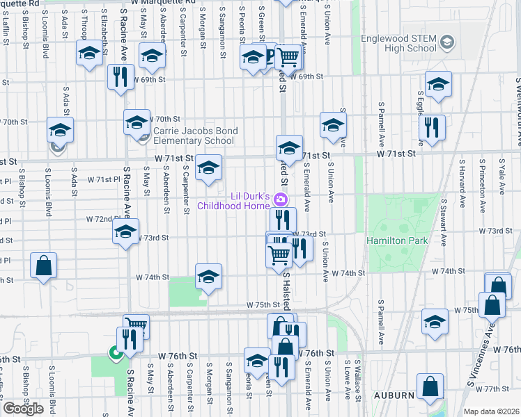map of restaurants, bars, coffee shops, grocery stores, and more near 7209 South Peoria Street in Chicago