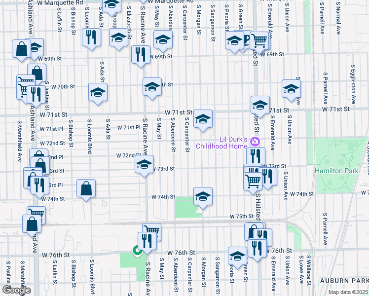 map of restaurants, bars, coffee shops, grocery stores, and more near 7208 South Carpenter Street in Chicago