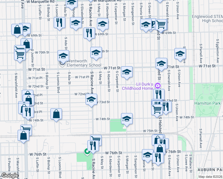 map of restaurants, bars, coffee shops, grocery stores, and more near 7208 South Carpenter Street in Chicago