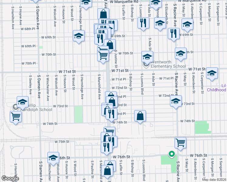 map of restaurants, bars, coffee shops, grocery stores, and more near 1521 West 72nd Street in Chicago