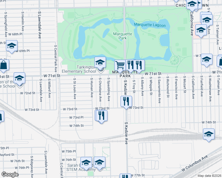 map of restaurants, bars, coffee shops, grocery stores, and more near 7145 South Spaulding Avenue in Chicago