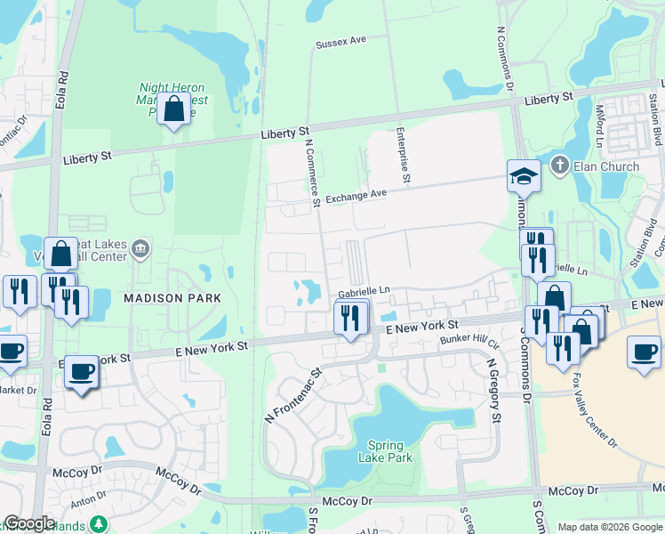 map of restaurants, bars, coffee shops, grocery stores, and more near 424 North Commerce Street in Aurora