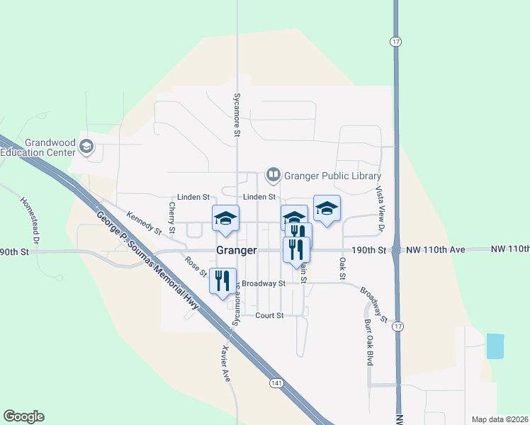 map of restaurants, bars, coffee shops, grocery stores, and more near 2104 Walnut Street in Granger