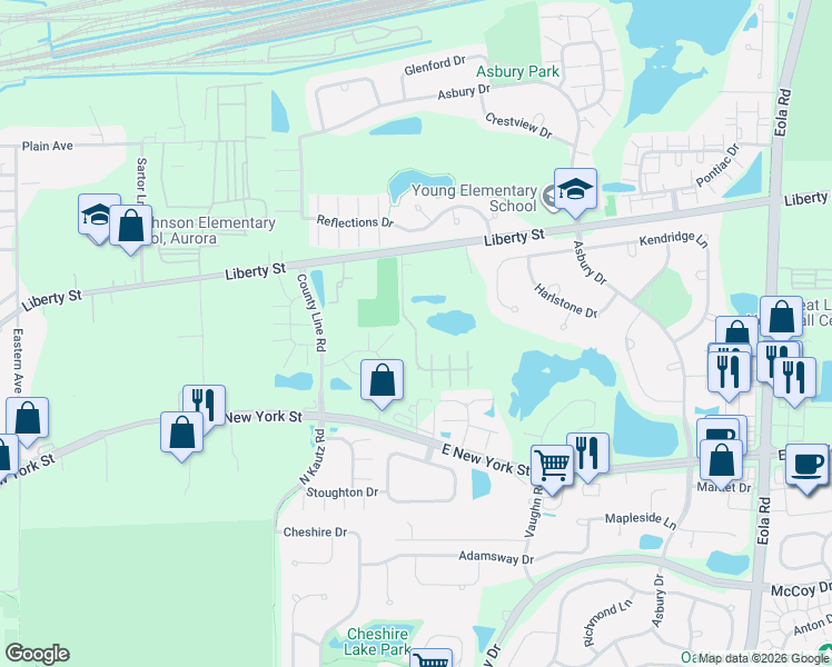 map of restaurants, bars, coffee shops, grocery stores, and more near 534 Wolverine Drive in Aurora