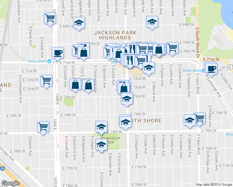 map of restaurants, bars, coffee shops, grocery stores, and more near 7251 S Euclid Ave in Chicago