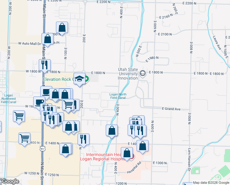 map of restaurants, bars, coffee shops, grocery stores, and more near 1693 North 400 East in North Logan