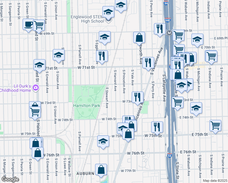 map of restaurants, bars, coffee shops, grocery stores, and more near 7217 South Harvard Avenue in Chicago