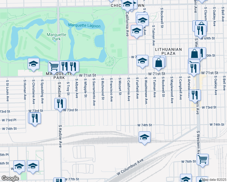 map of restaurants, bars, coffee shops, grocery stores, and more near 7159 South Francisco Avenue in Chicago