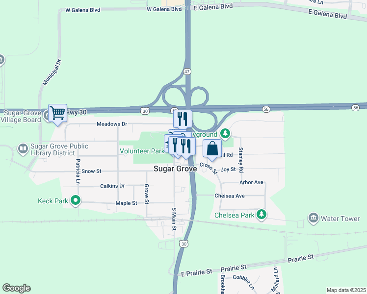 map of restaurants, bars, coffee shops, grocery stores, and more near 61 Sugar Lane in Sugar Grove