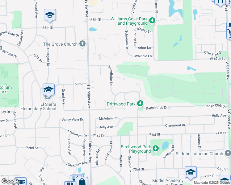 map of restaurants, bars, coffee shops, grocery stores, and more near 6903 Sweetbriar Lane in Darien