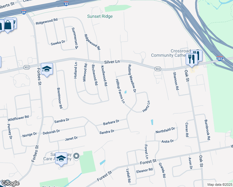 map of restaurants, bars, coffee shops, grocery stores, and more near 55 Hilltop Farms Lane in East Hartford
