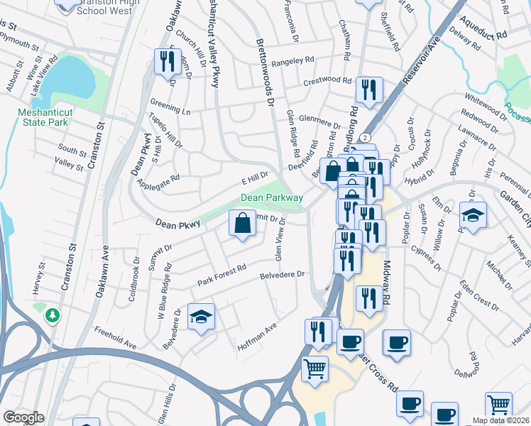 map of restaurants, bars, coffee shops, grocery stores, and more near 51 Summit Drive in Cranston