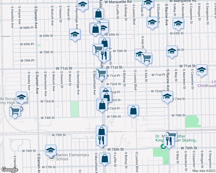 map of restaurants, bars, coffee shops, grocery stores, and more near 1521 West 72nd Street in Chicago