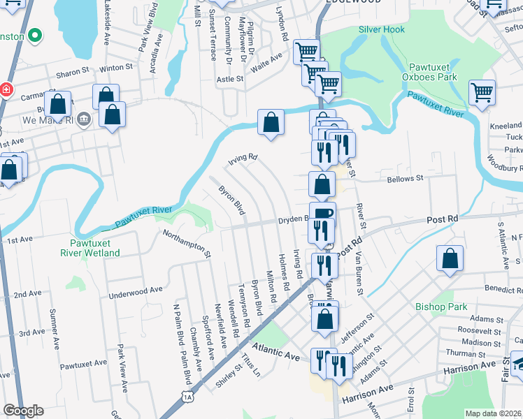 map of restaurants, bars, coffee shops, grocery stores, and more near 112 Milton Road in Warwick