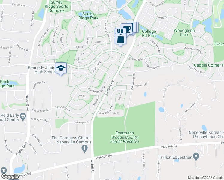 map of restaurants, bars, coffee shops, grocery stores, and more near 2490 Sun Valley Road in Lisle