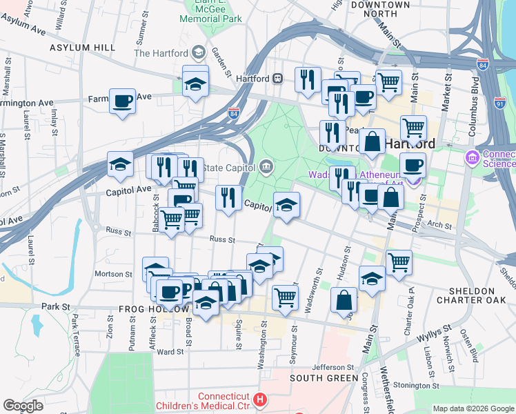 map of restaurants, bars, coffee shops, grocery stores, and more near 231 Capitol Avenue in Hartford