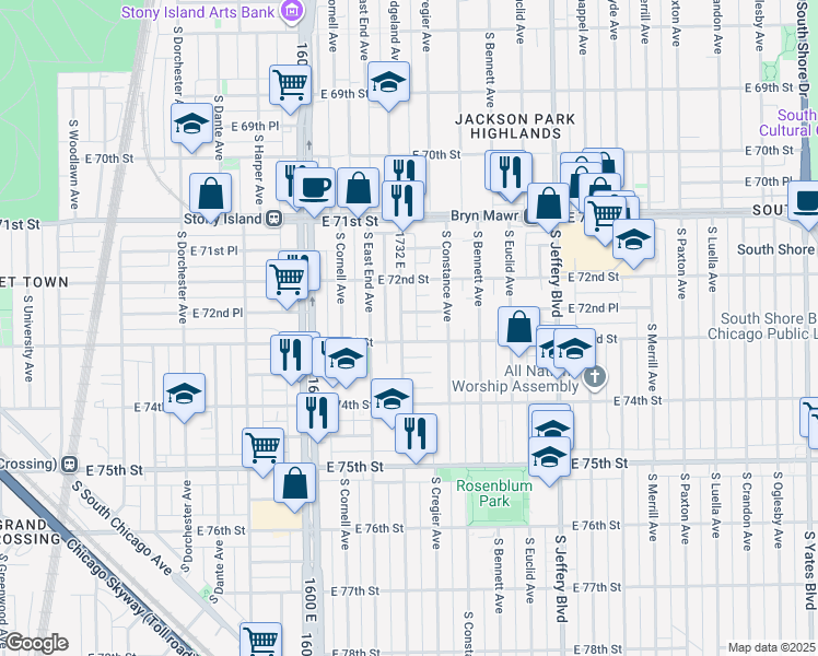 map of restaurants, bars, coffee shops, grocery stores, and more near 7243 South Ridgeland Avenue in Chicago