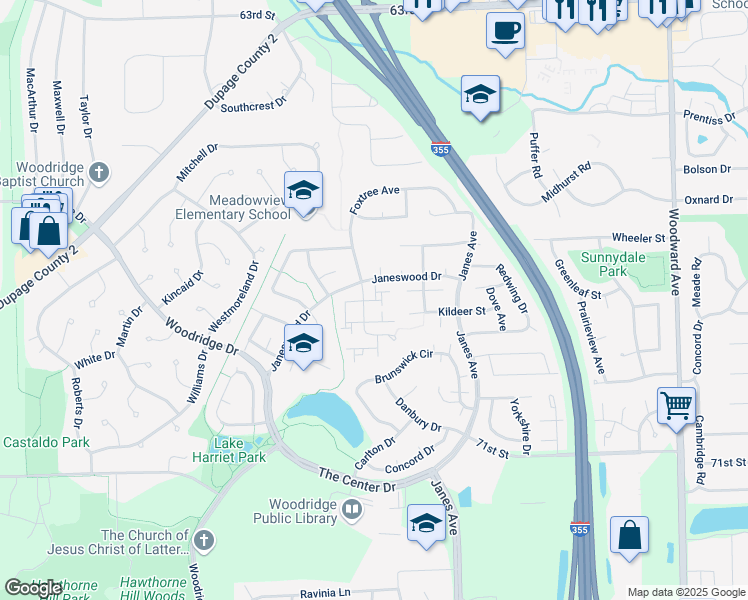 map of restaurants, bars, coffee shops, grocery stores, and more near 12 Scarlet Hawthorne Court in Woodridge