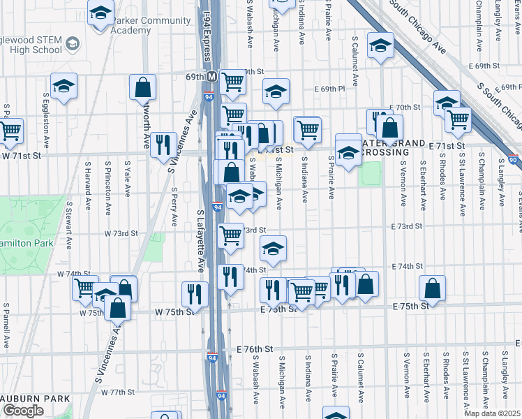 map of restaurants, bars, coffee shops, grocery stores, and more near 7229 South Wabash Avenue in Chicago