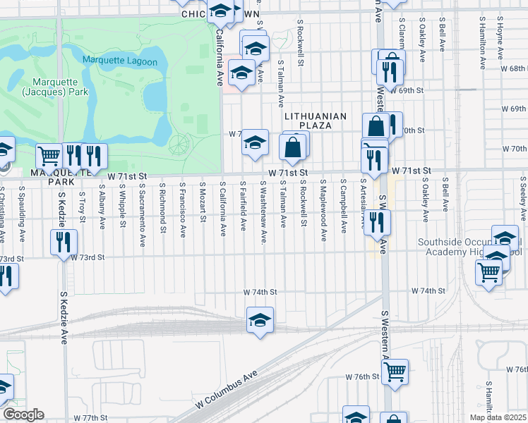 map of restaurants, bars, coffee shops, grocery stores, and more near South Washtenaw Avenue in Chicago