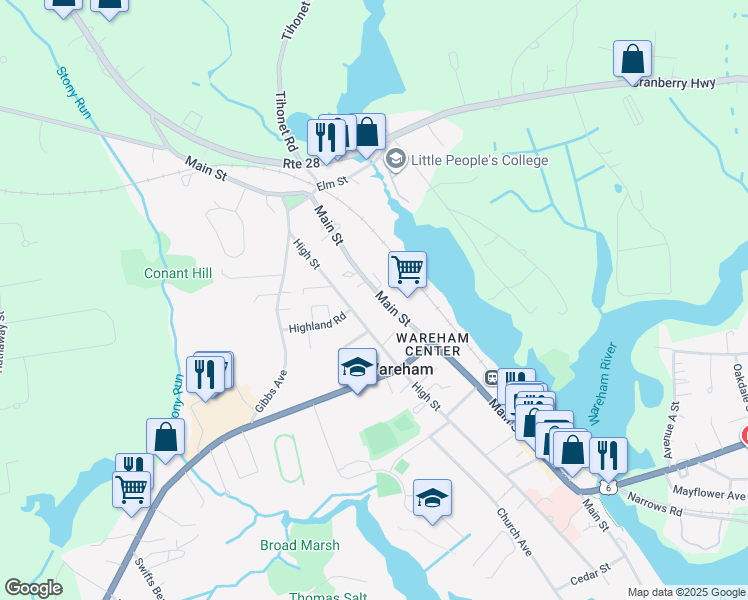 map of restaurants, bars, coffee shops, grocery stores, and more near 408 Main Street in Wareham