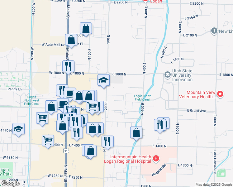 map of restaurants, bars, coffee shops, grocery stores, and more near 253 East 1725 North in North Logan
