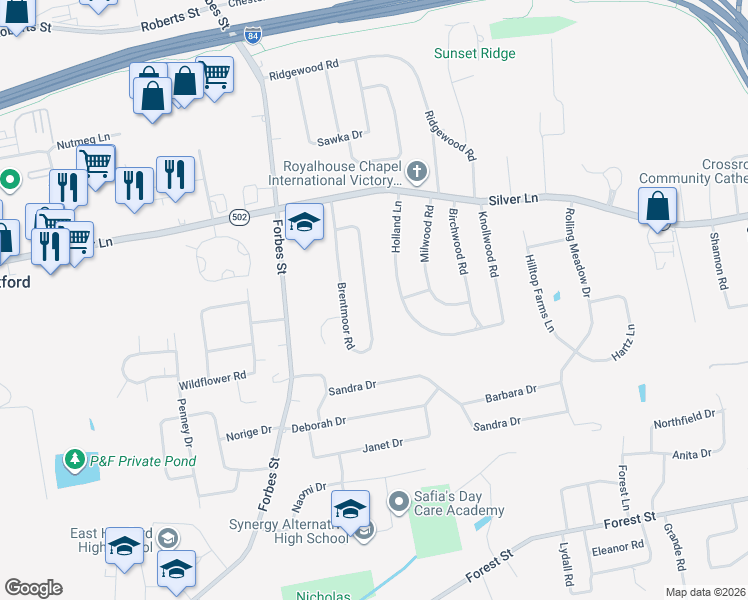map of restaurants, bars, coffee shops, grocery stores, and more near 93 Holland Lane in East Hartford