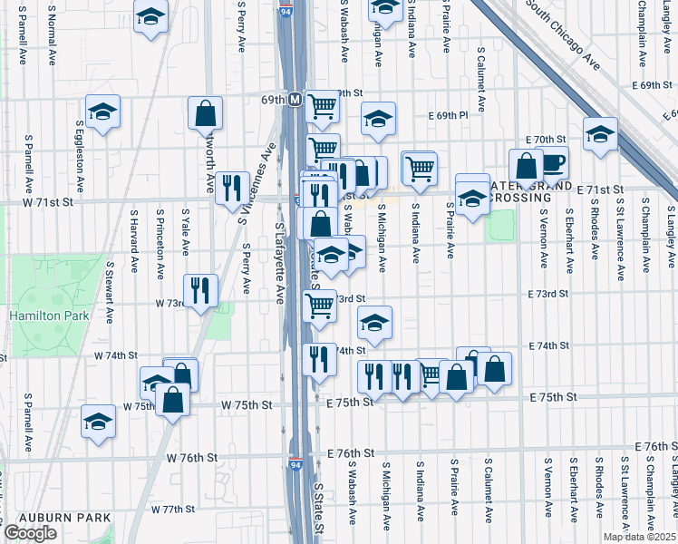 map of restaurants, bars, coffee shops, grocery stores, and more near 7217 South State Street in Chicago