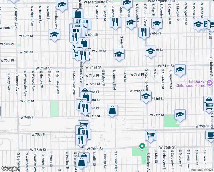 map of restaurants, bars, coffee shops, grocery stores, and more near 1427 West 72nd Street in Chicago