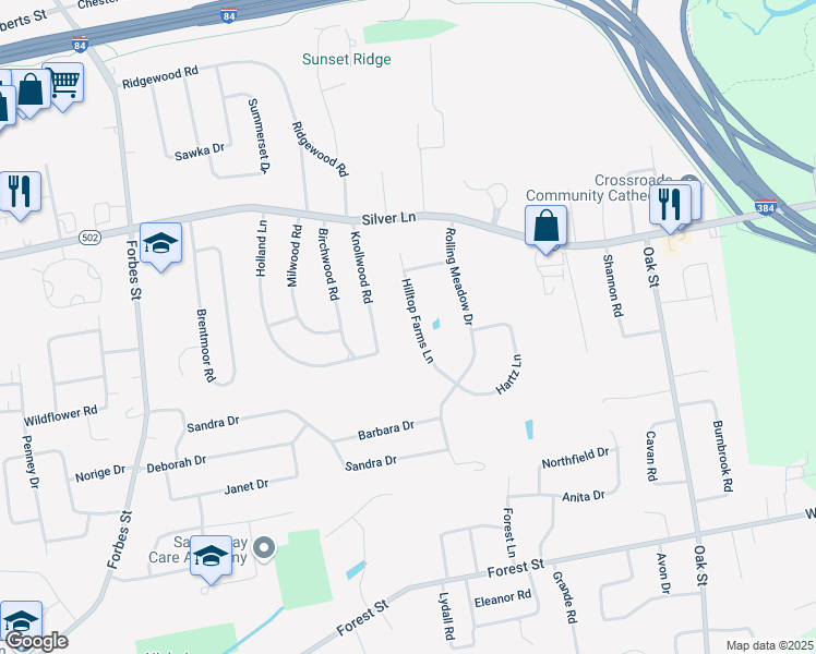 map of restaurants, bars, coffee shops, grocery stores, and more near 55 Hilltop Farms Lane in East Hartford