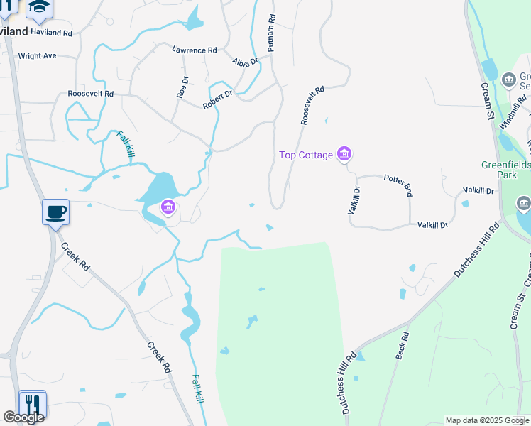 map of restaurants, bars, coffee shops, grocery stores, and more near 86 Roosevelt Road in Poughkeepsie