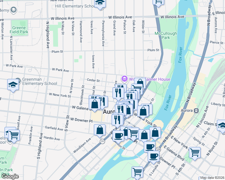 map of restaurants, bars, coffee shops, grocery stores, and more near 331 Spruce Street in Aurora