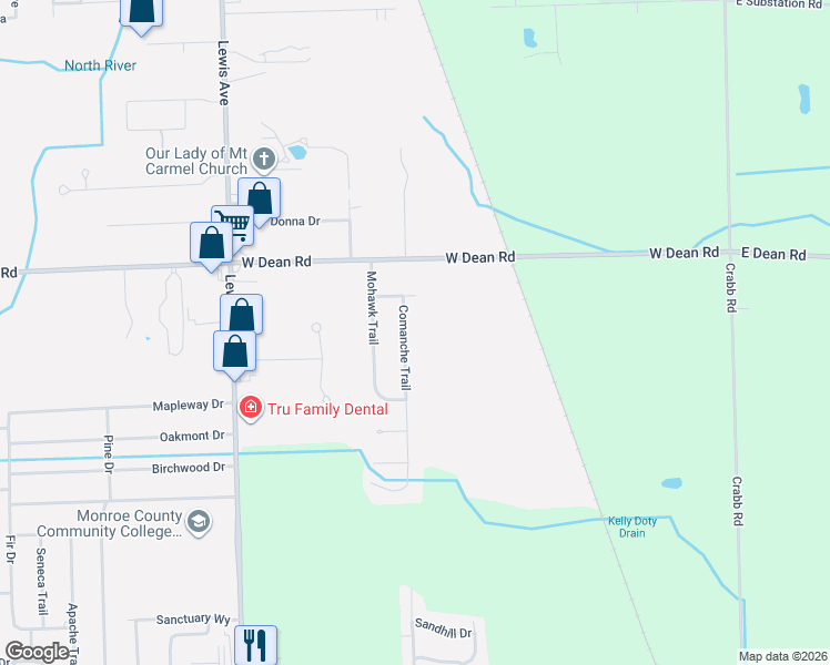 map of restaurants, bars, coffee shops, grocery stores, and more near 8080 Comanche Trail in Temperance