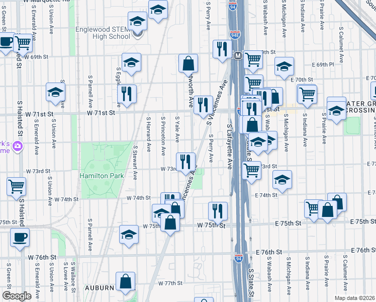 map of restaurants, bars, coffee shops, grocery stores, and more near 7220 South Wentworth Avenue in Chicago