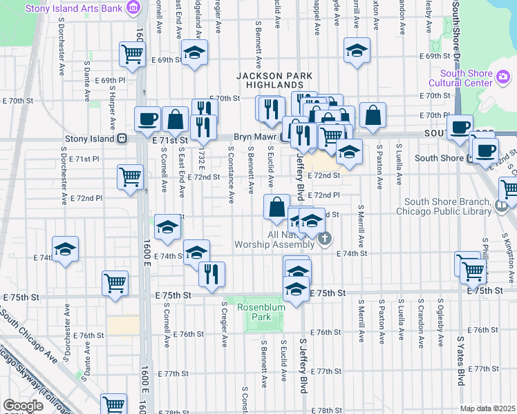 map of restaurants, bars, coffee shops, grocery stores, and more near 7245 South Bennett Avenue in Chicago