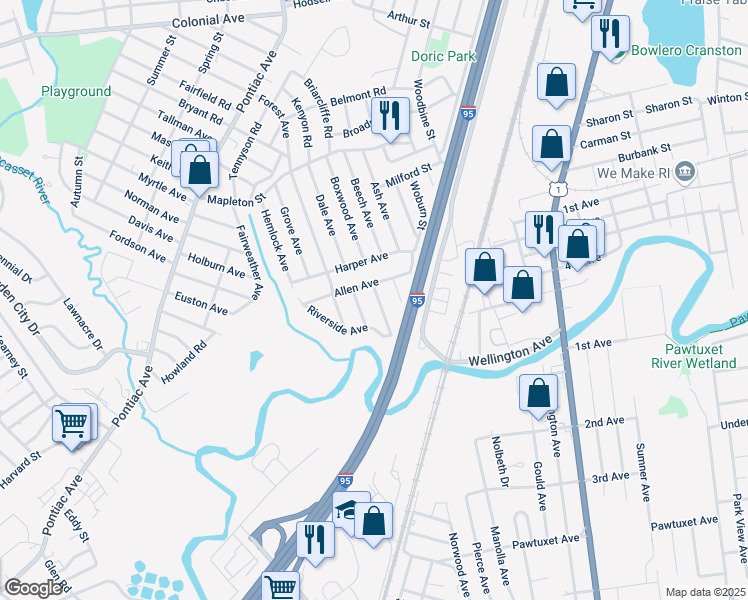 map of restaurants, bars, coffee shops, grocery stores, and more near 17 Reed Avenue in Providence