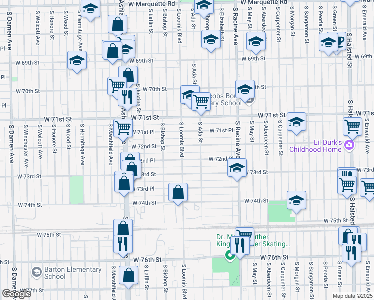 map of restaurants, bars, coffee shops, grocery stores, and more near 1331 West 72nd Street in Chicago